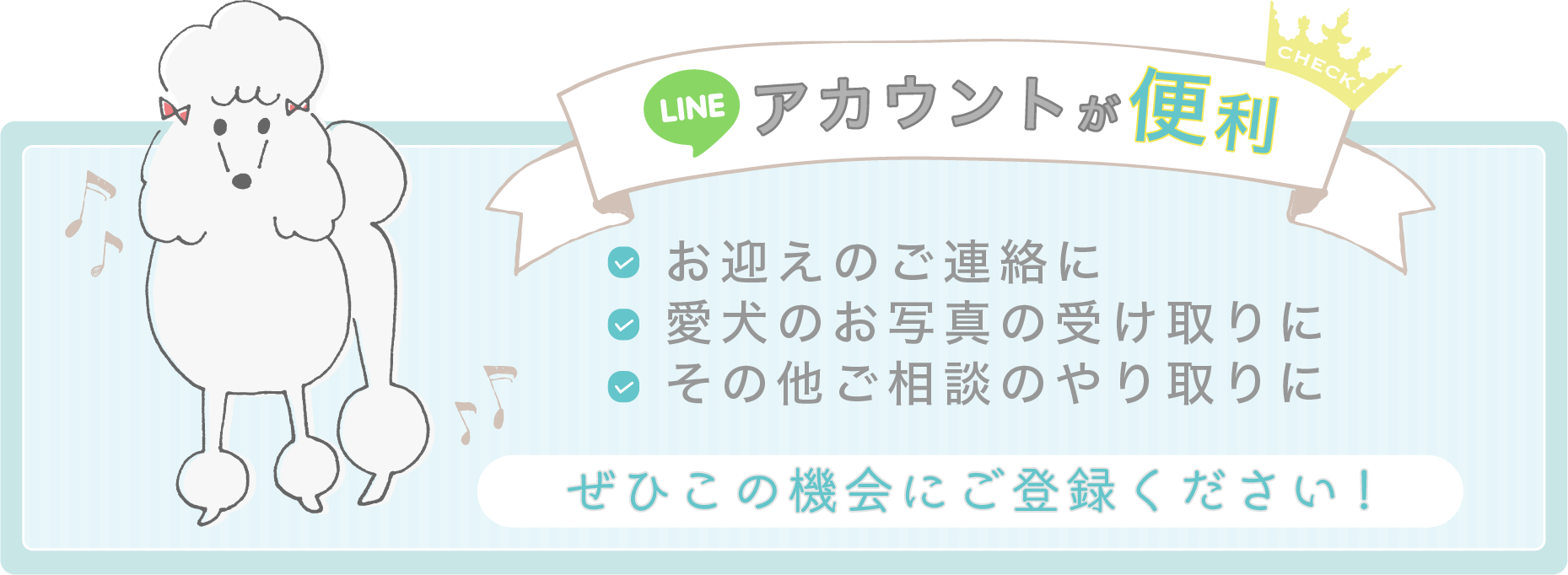 浜松市中央区のドッグサロンLaLaへのご予約は、LINEが便利です。お迎えのご連絡や、愛犬のお写真のお受け取り、その他ご質問のやり取りなどで活用いただけます。
